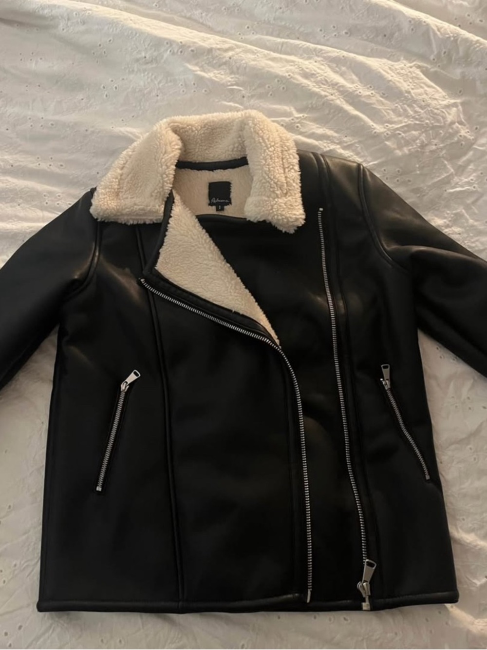 Reitmans Black Faux Leather Jacket with Cream Shearling Collar